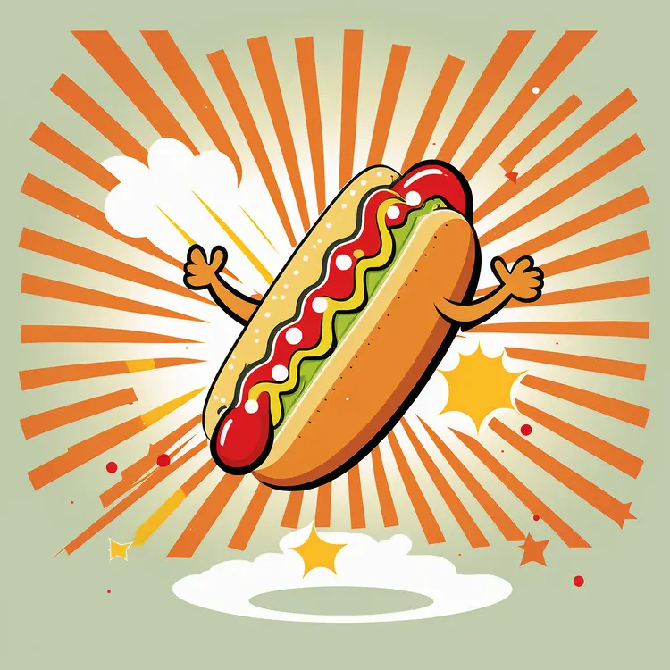 Cartoon Hot Dog with Arms in a Fun Background