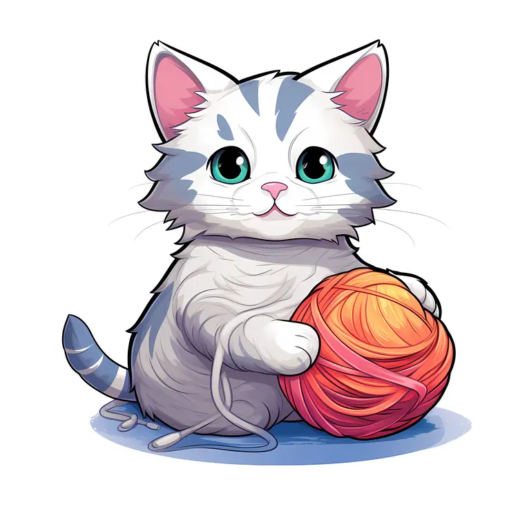 Cute Kitten Playing with Yarn Ball