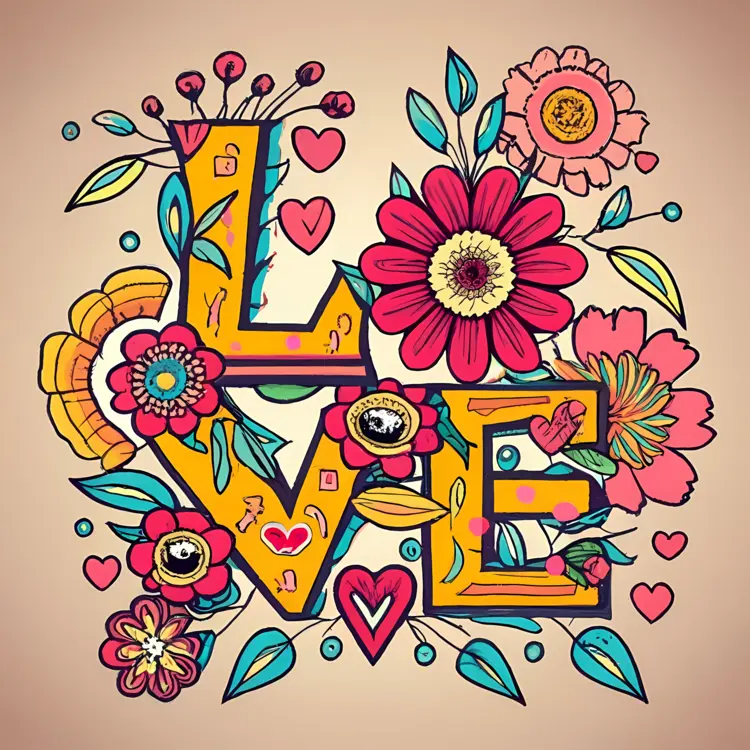 Love Text with Colorful Flowers