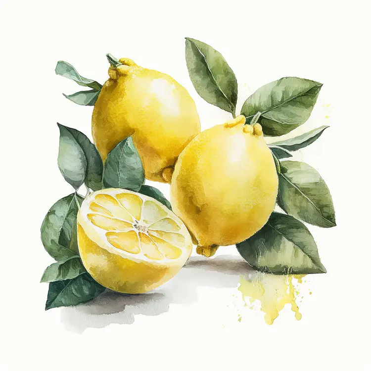 Watercolor Lemons with Green Leaves
