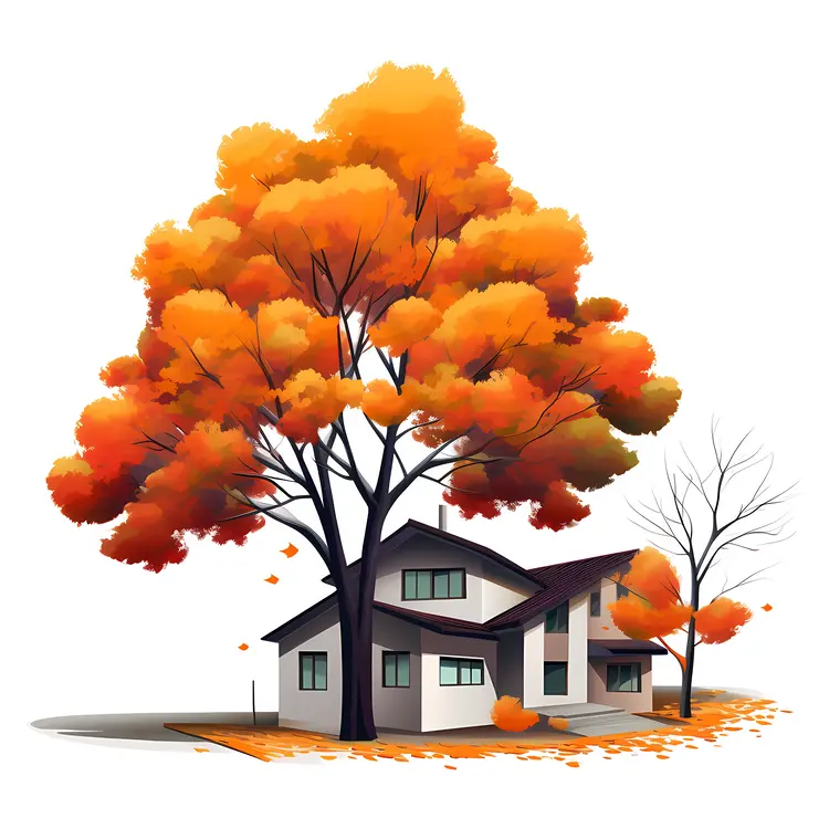 Small house with autumn tree