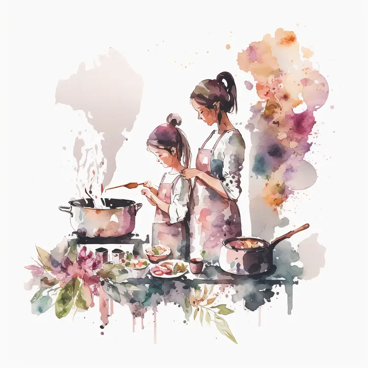 Mother and Daughter Cooking Together in Watercolor