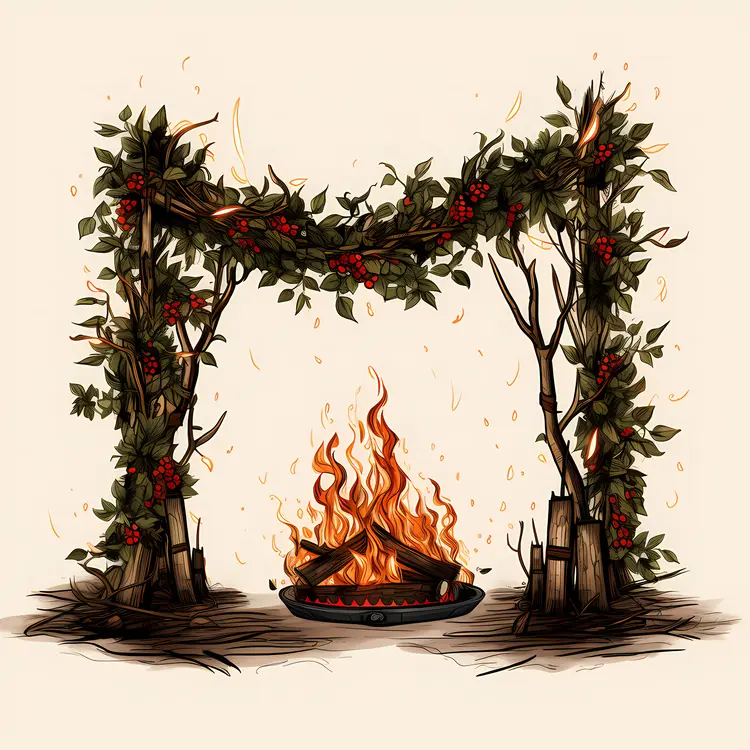Campfire with Decorative Leaves and Berries