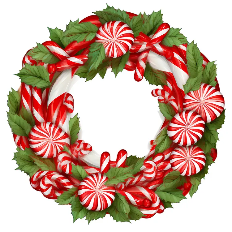 Candy Cane and Peppermint Wreath with Leaves