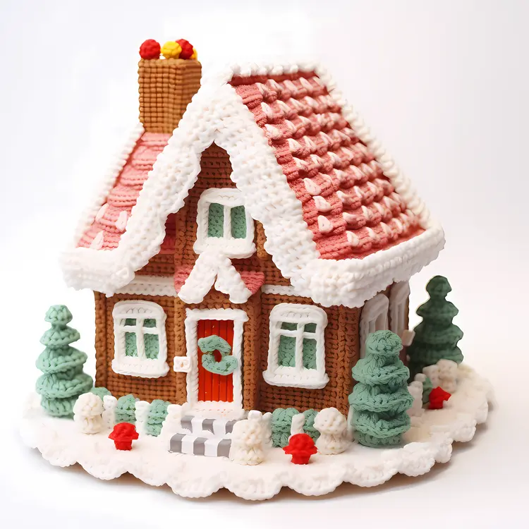 Brown Gingerbread House with Red Roof and Green Trees