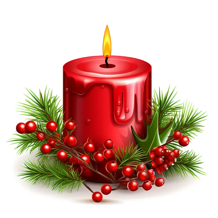 Red Candle with Holly and Berries