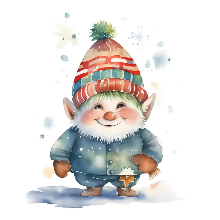 Gnome with Striped Hat and Snowflakes