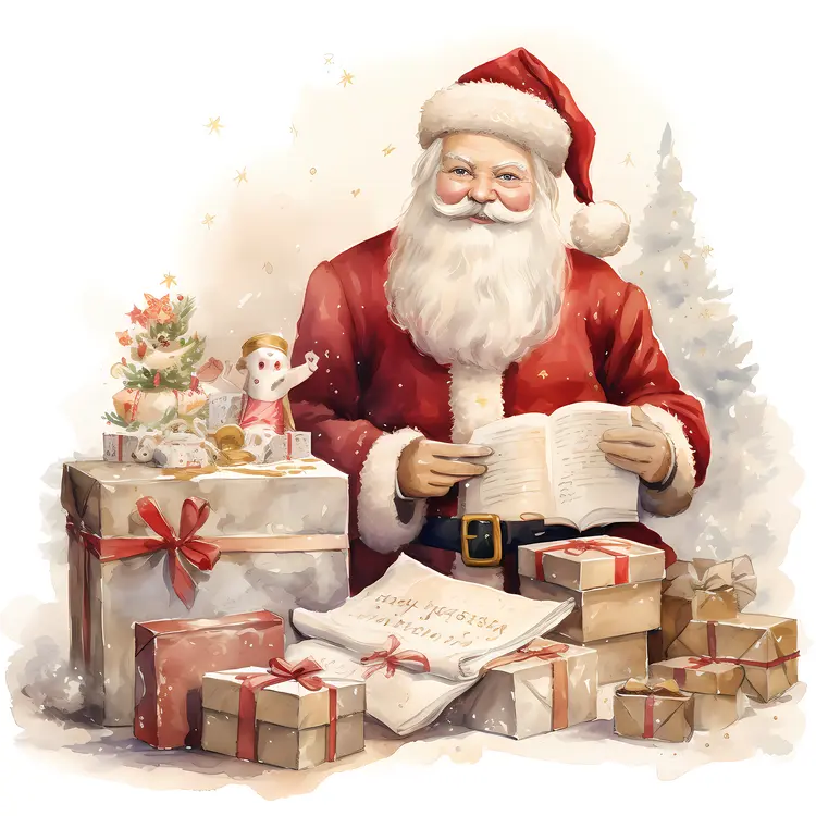 Santa Claus with Presents and a Book