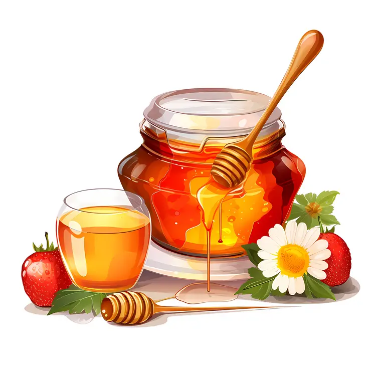 Honey Jar with Strawberries and Flower