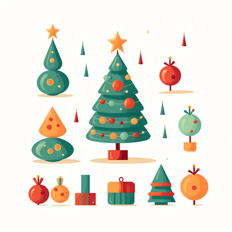 Stylized Christmas Trees with Ornaments and Gifts