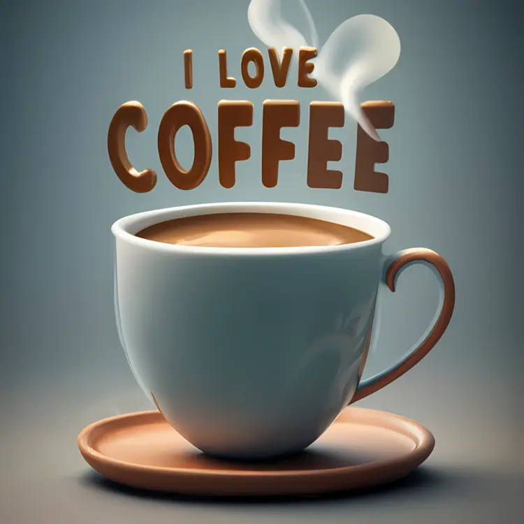 Steaming Coffee Cup with 'I Love Coffee' Text