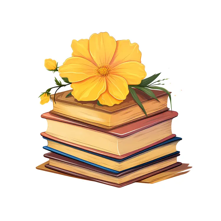 Stack of Books with Yellow Flower Illustration