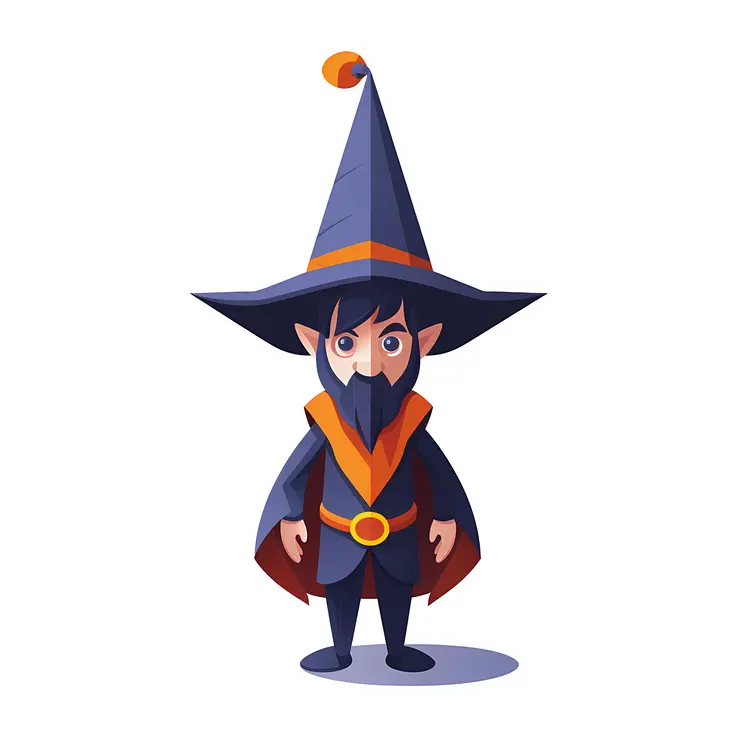 Cartoon Wizard in Hat and Cloak