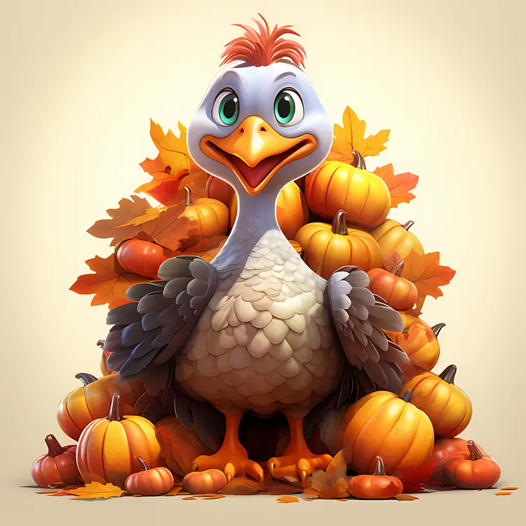 Bird Surrounded by Pumpkins and Leaves