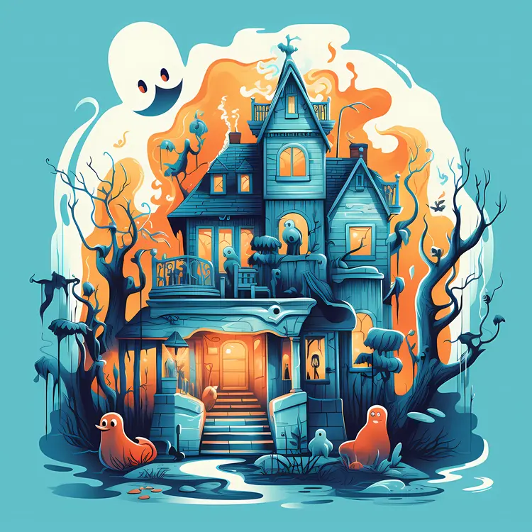 Haunted House with Ghosts and Pumpkins