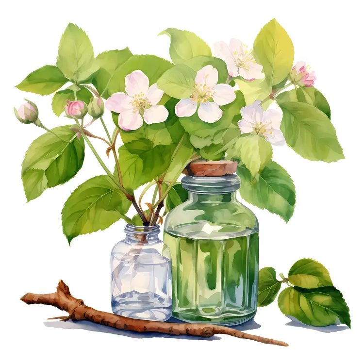 Two Glass Bottles with Flowers and Green Apples