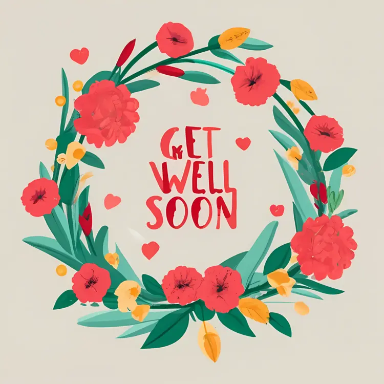 Get Well Soon Message with Heart and Flower Wreath