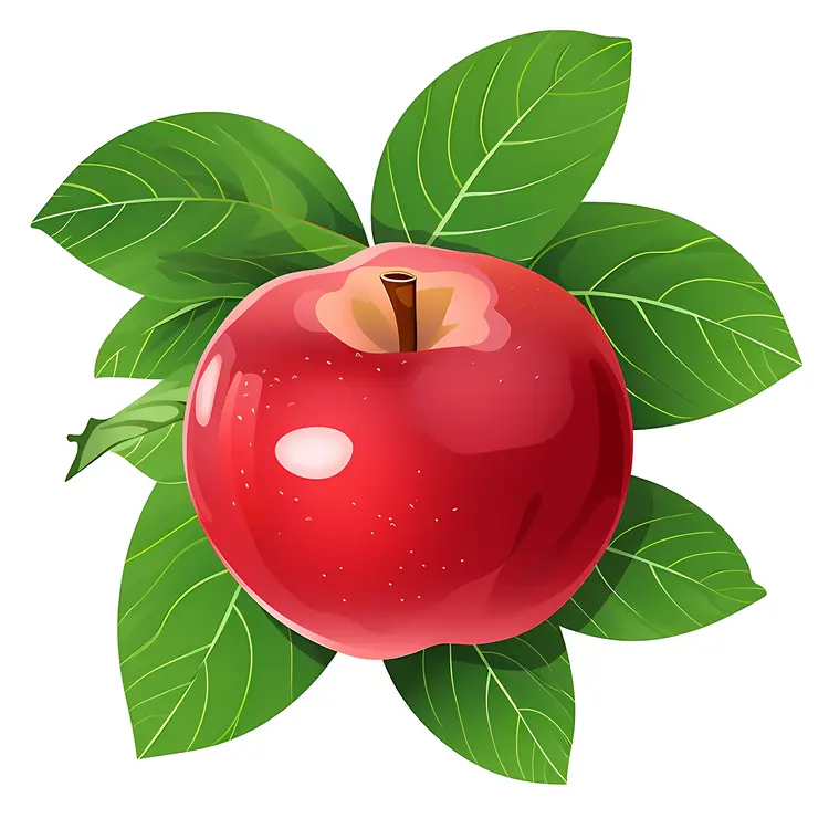 Shiny Red Apple with Green Leaves