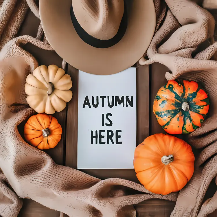 Autumn is Here Sign with Pumpkins