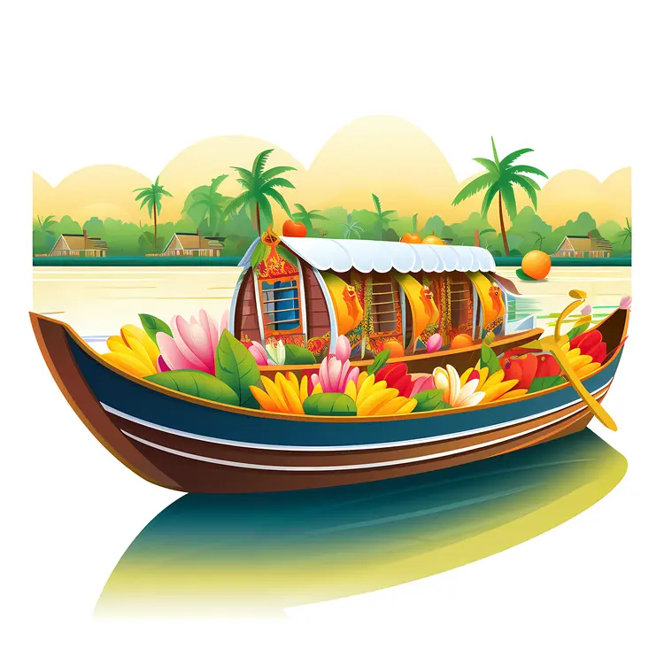 Colorful Houseboat with Flowers in Tropical Scenery