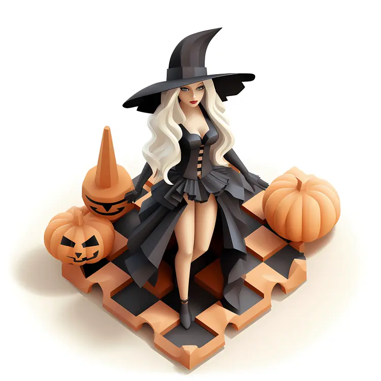 Witch in Black Dress with Pumpkins