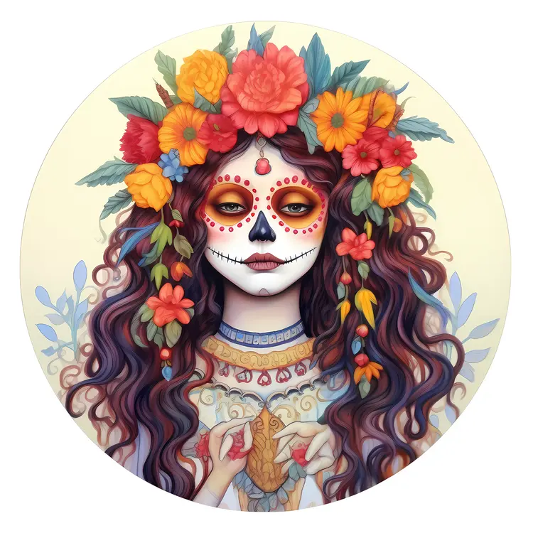 Beautiful Sugar Skull Woman with Floral Headpiece for Day of the Dead Celebration