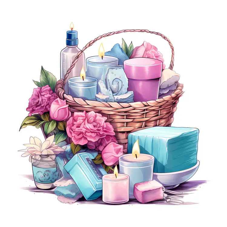 Basket with Candles and Flowers