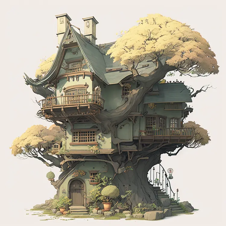 Whimsical Treehouse in Fantasy Setting