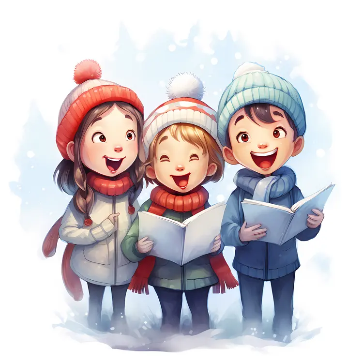 Children Singing Christmas Carols in Winter