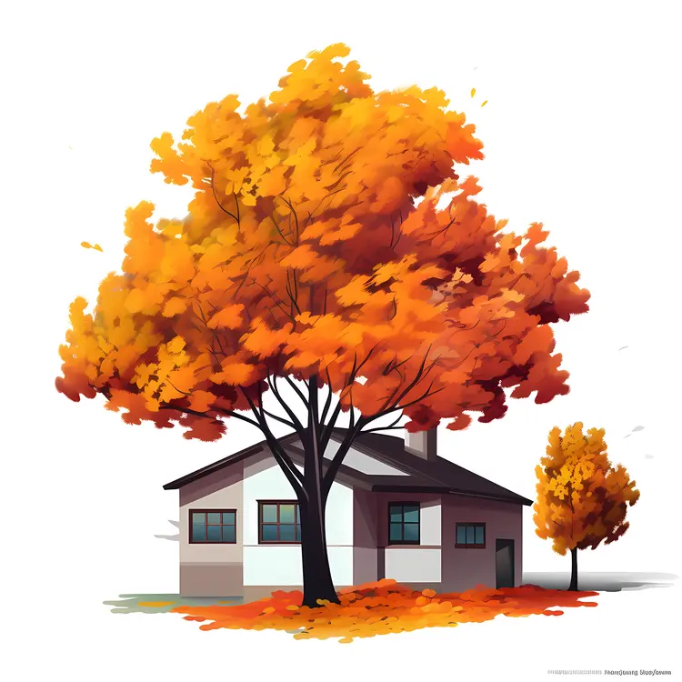 Small house with autumn tree