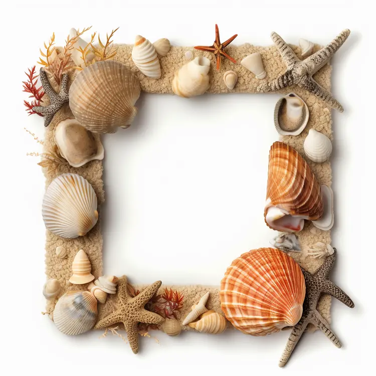 Beautiful Seashell Frame with Starfish and Sand