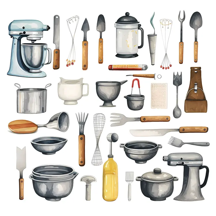 Various Kitchen Tools and Mixers for Cooking and Baking