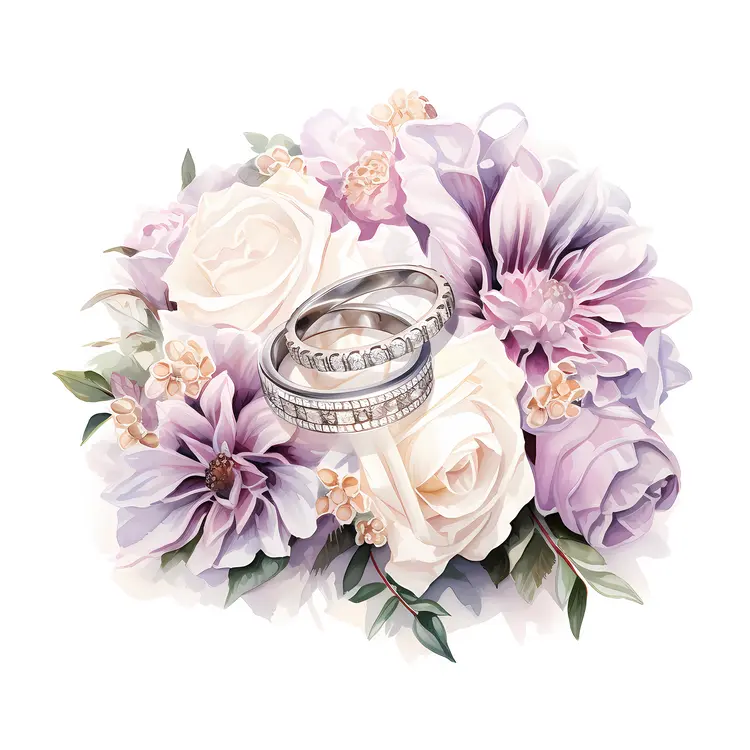 Purple and White Flower Bouquet with Wedding Rings