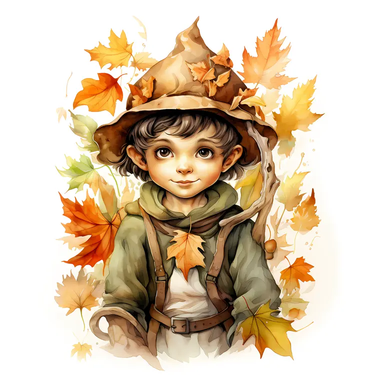 Child with Hat and Autumn Leaves Illustration