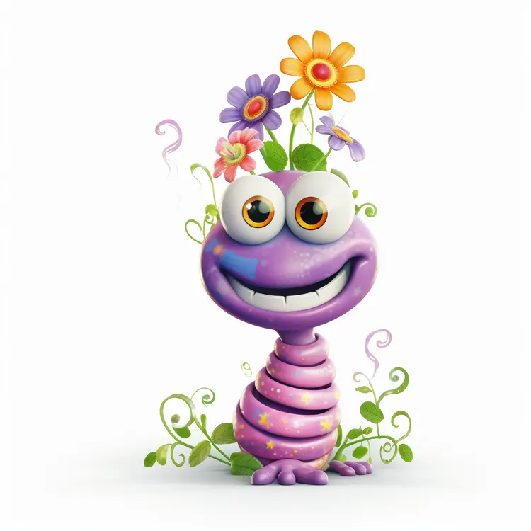 Cute Purple Cartoon Character with Flowers