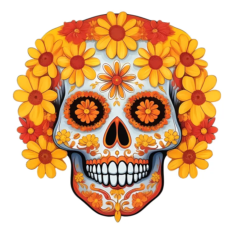 Colorful Skull with Flowers for Day of the Dead Celebration