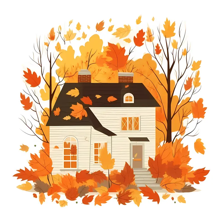 House in Autumn with Falling Leaves
