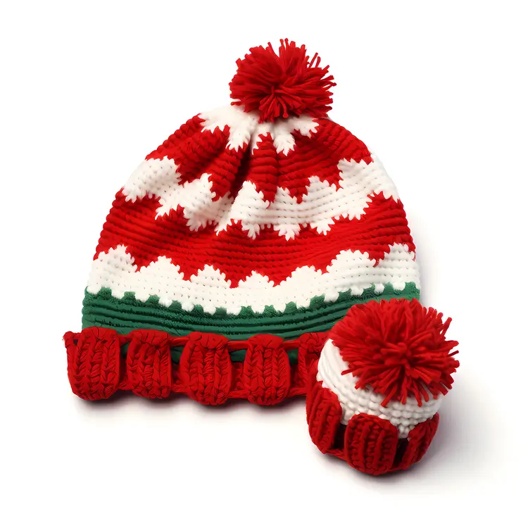 Red and White Knitted Hat with Pom Pom