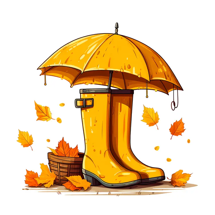 Yellow Boots and Umbrella with Autumn Leaves and Basket