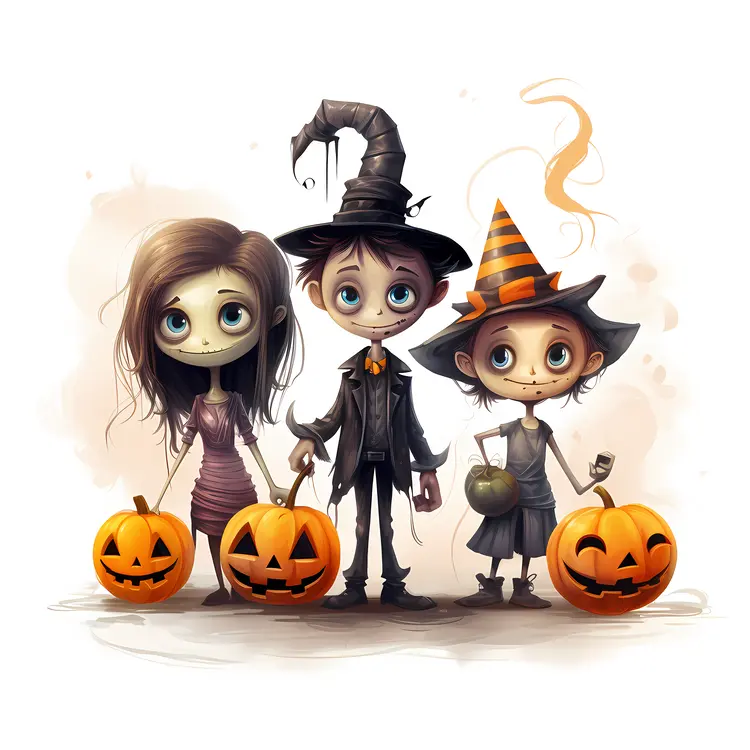 Children in Halloween Costumes with Pumpkins