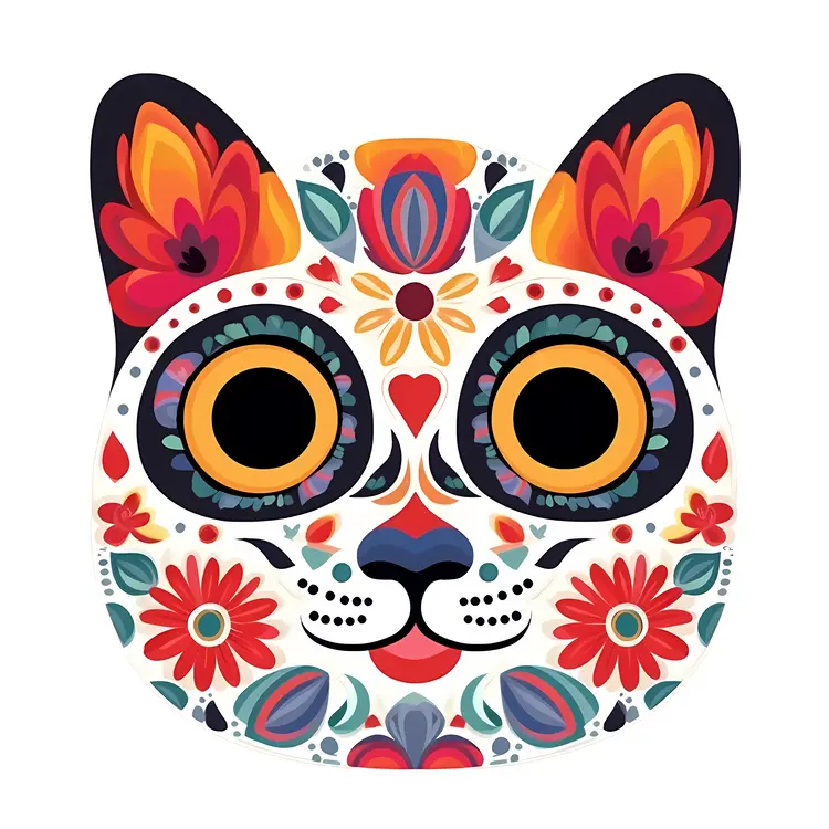 Colorful Floral Cat Face for Day of the Dead Celebration