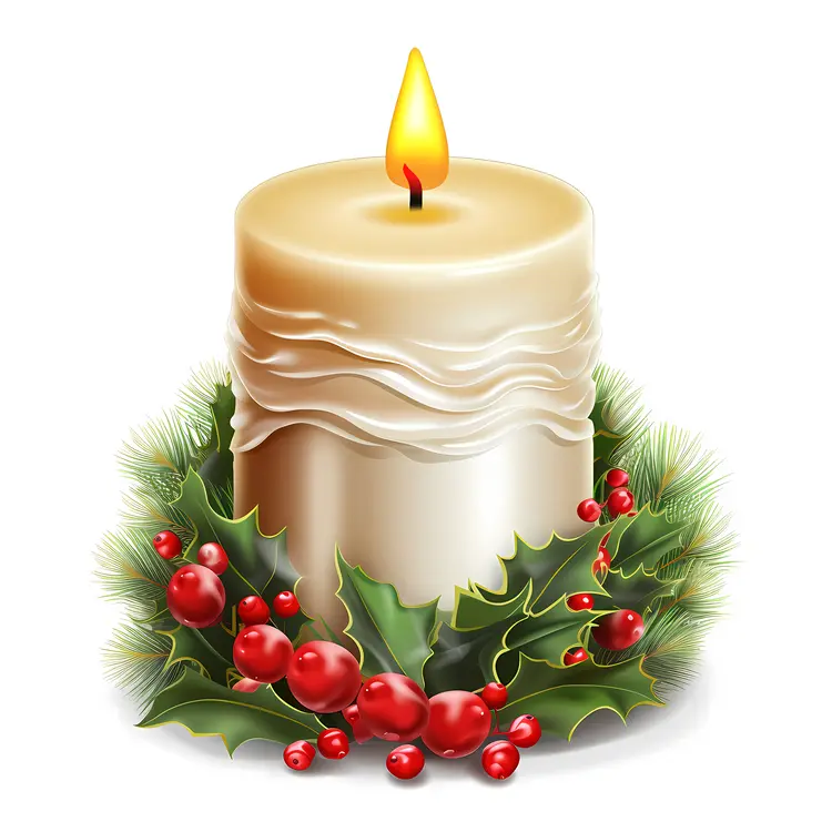White Candle with Holly and Berries