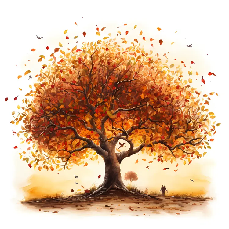 Beautiful Autumn Tree with Falling Leaves