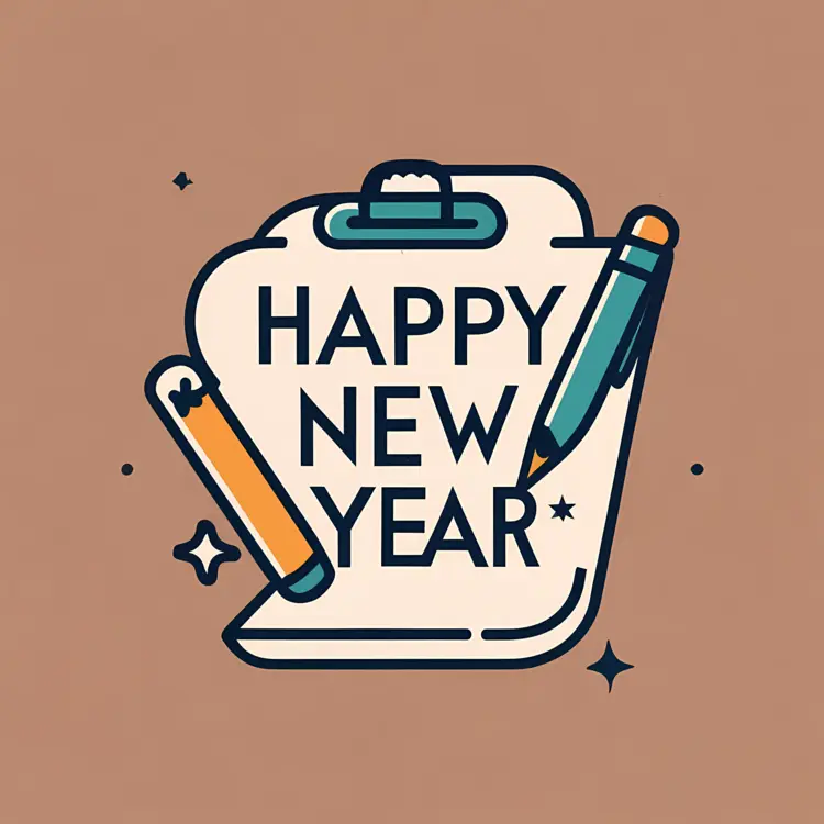 Happy New Year Greeting with Clipboard and Pens