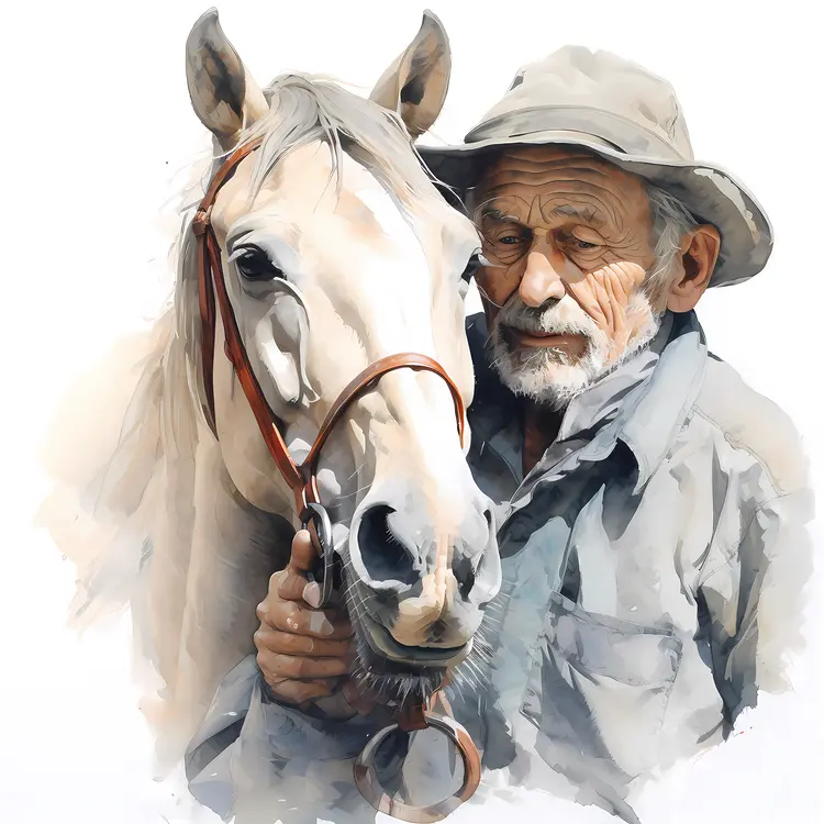 Elderly Man with Horse in Watercolor Style