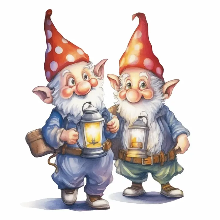 Cute Gnomes with Lanterns in Red Hats