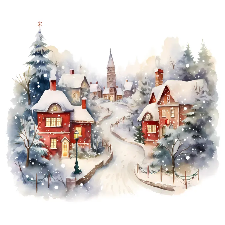Snowy Village with Red Houses