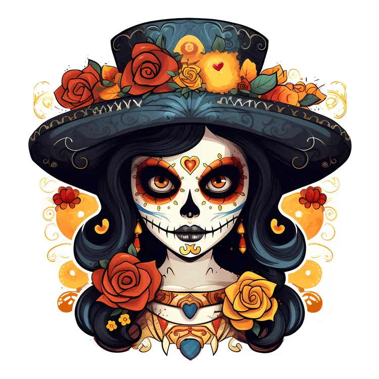 Colorful Sugar Skull Woman with Flowers