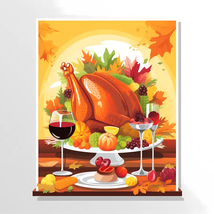 Roasted Turkey with Wine Glasses and Fruits