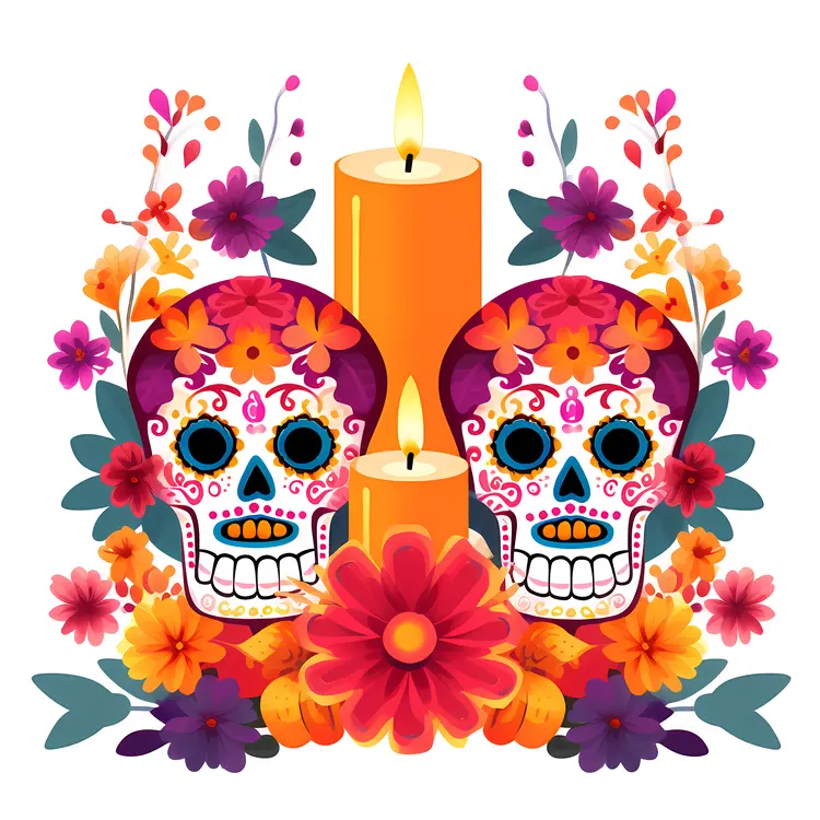 Colorful Sugar Skulls with Candles and Flowers for Day of the Dead